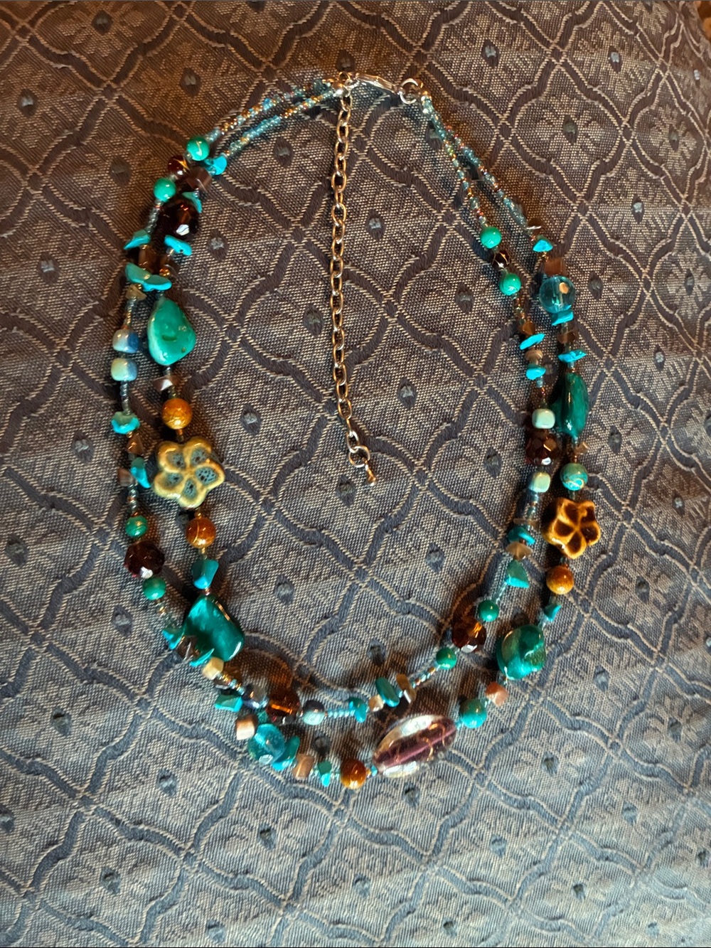 Source Unknown Turquoise and Brown Layered Bead Necklace with Floral Accents